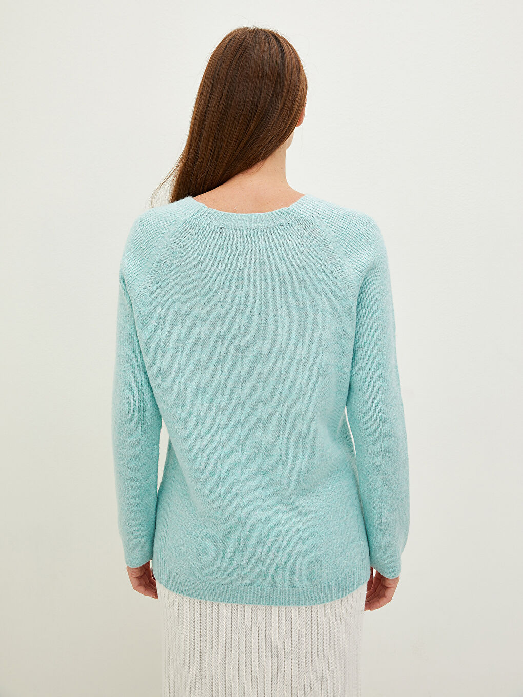 Yeşil Bisiklet Yaka Düz Uzun Kollu Kadın Triko Kazak-5