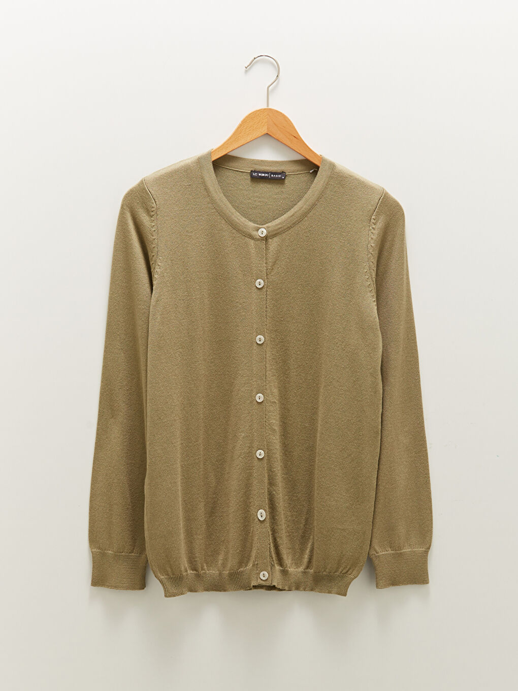 Haki Bisiklet Yaka Düz Uzun Kollu Düğme Kapamalı Kadın Triko Hırka-5