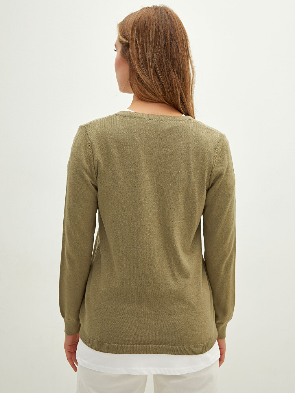 Haki Bisiklet Yaka Düz Uzun Kollu Düğme Kapamalı Kadın Triko Hırka-4