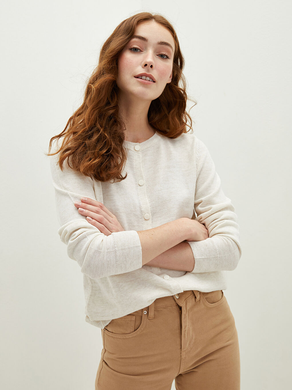 Bej Bisiklet Yaka Düz Uzun Kollu Kadın Triko Hırka-2