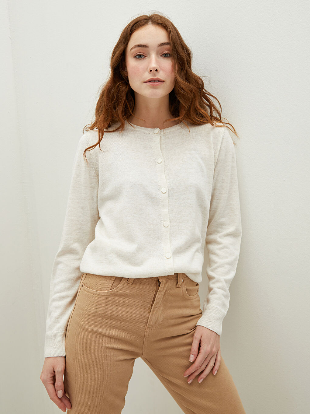 Bej Bisiklet Yaka Düz Uzun Kollu Kadın Triko Hırka-3