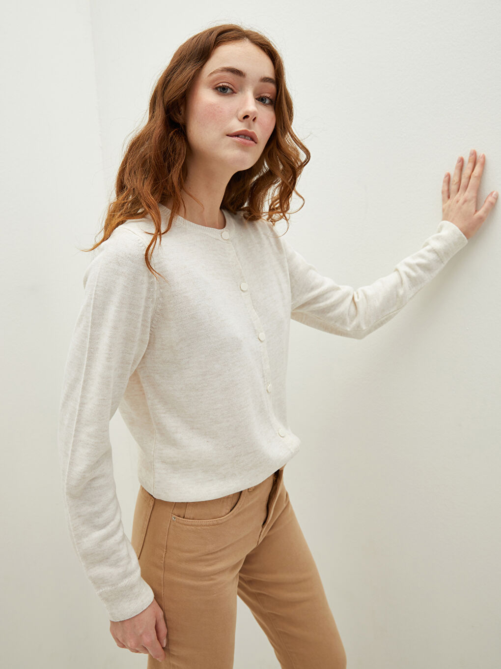 Bej Bisiklet Yaka Düz Uzun Kollu Kadın Triko Hırka-4