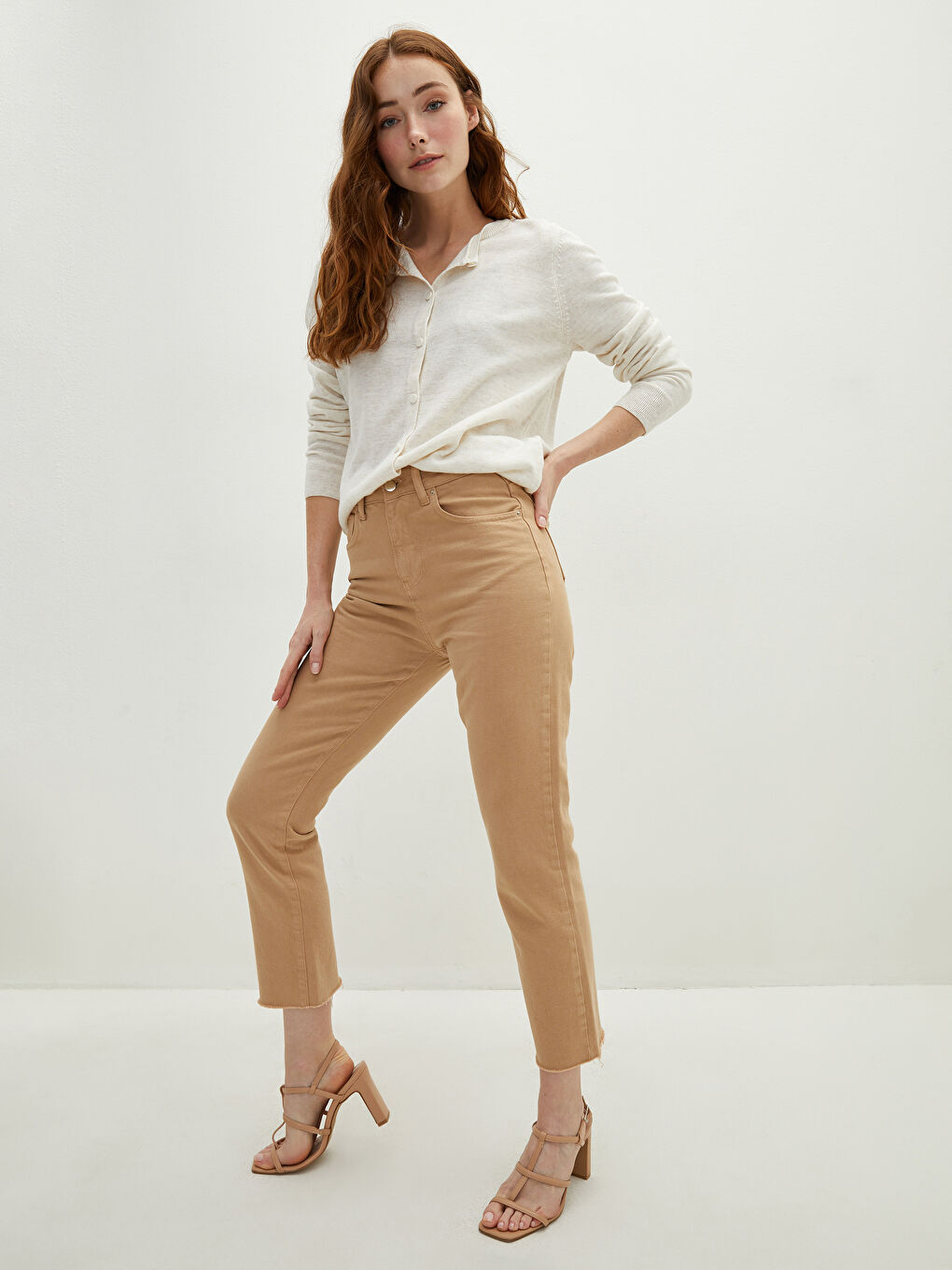 Bej Bisiklet Yaka Düz Uzun Kollu Kadın Triko Hırka-5