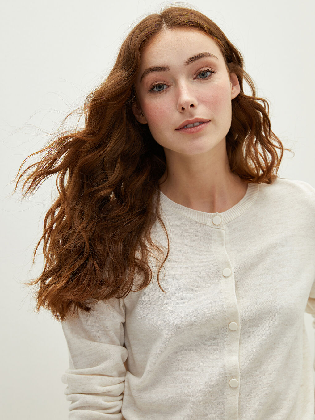 Bej Bisiklet Yaka Düz Uzun Kollu Kadın Triko Hırka-6