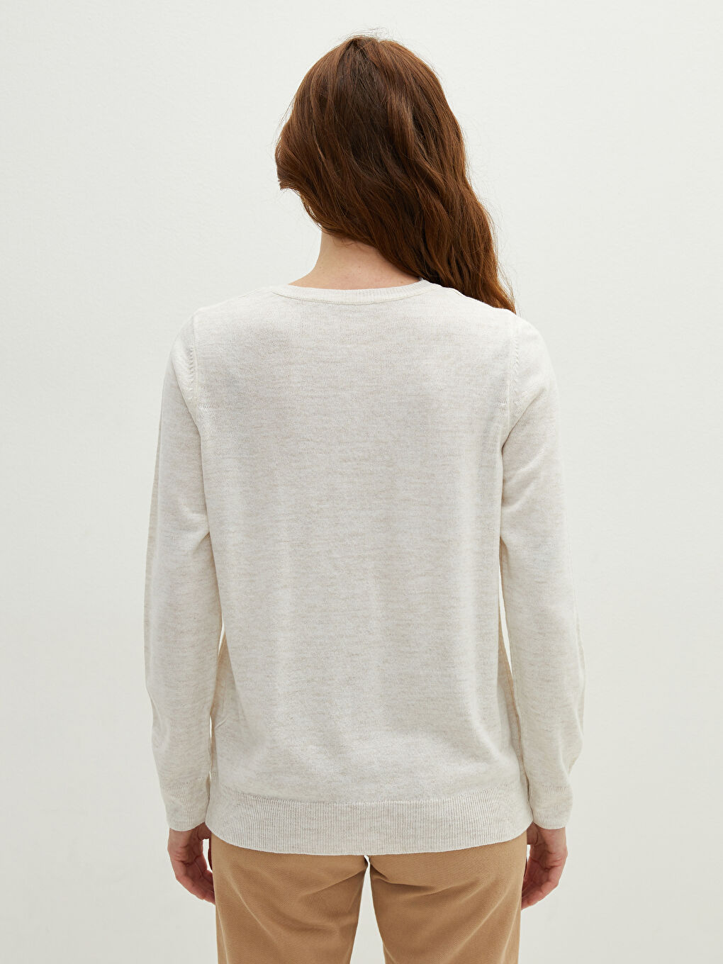 Bej Bisiklet Yaka Düz Uzun Kollu Kadın Triko Hırka-7