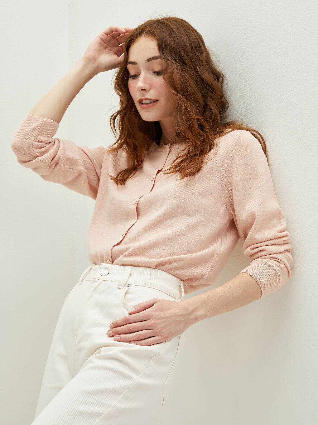 Pembe Bisiklet Yaka Düz Uzun Kollu Kadın Triko Hırka-2