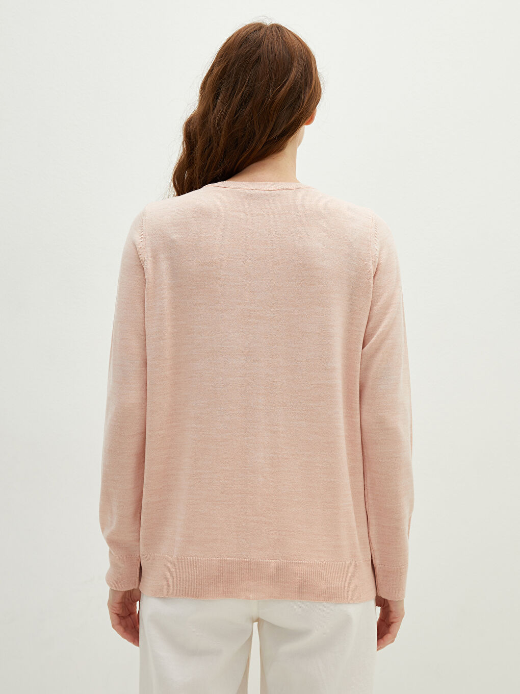 Pembe Bisiklet Yaka Düz Uzun Kollu Kadın Triko Hırka-5