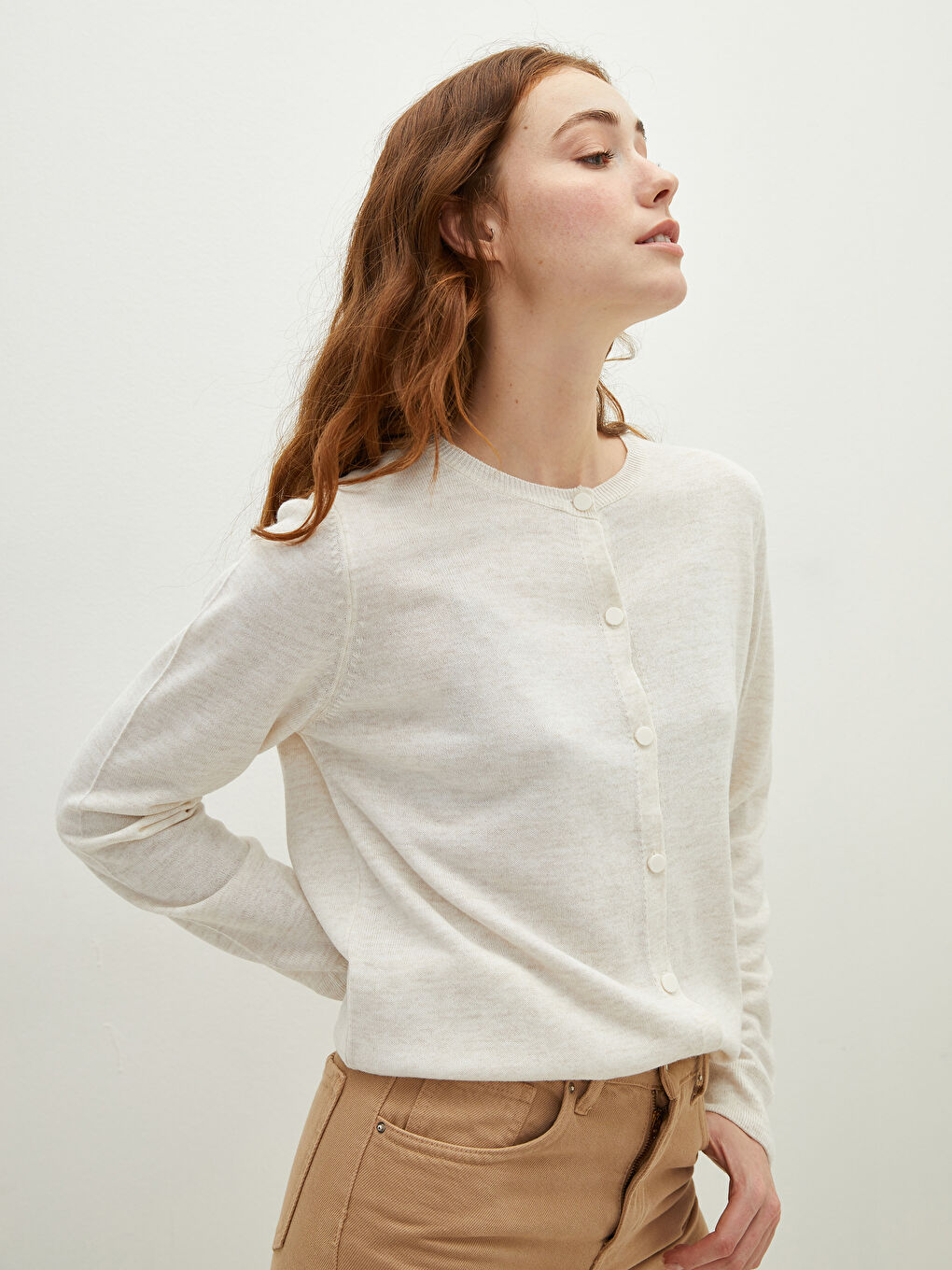 Bej Bisiklet Yaka Düz Uzun Kollu Kadın Triko Hırka