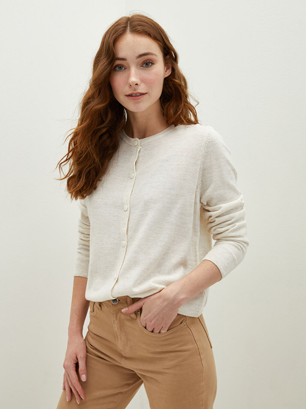 Bej Bisiklet Yaka Düz Uzun Kollu Kadın Triko Hırka-1