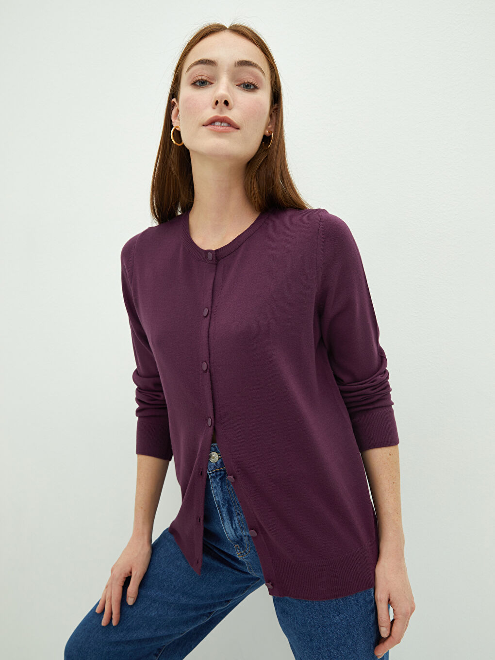 Mürdüm Bisiklet Yaka Düz Uzun Kollu Kadın Triko Hırka