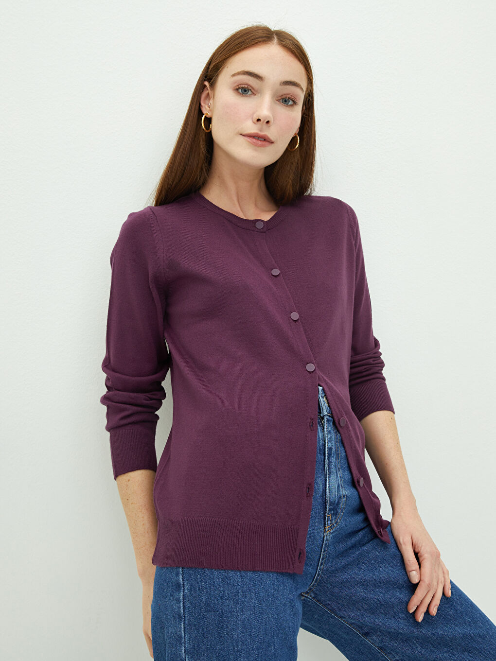 Mürdüm Bisiklet Yaka Düz Uzun Kollu Kadın Triko Hırka-1