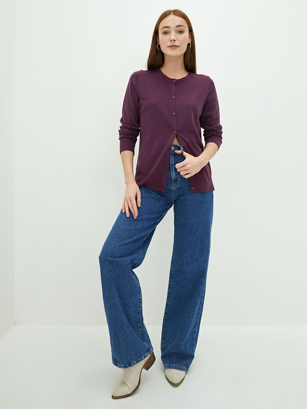 Mürdüm Bisiklet Yaka Düz Uzun Kollu Kadın Triko Hırka-2