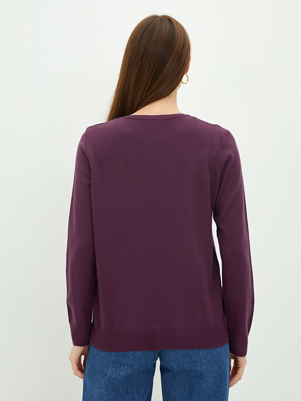 Mürdüm Bisiklet Yaka Düz Uzun Kollu Kadın Triko Hırka-4