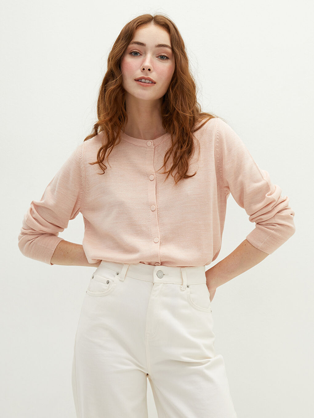 Pembe Bisiklet Yaka Düz Uzun Kollu Kadın Triko Hırka