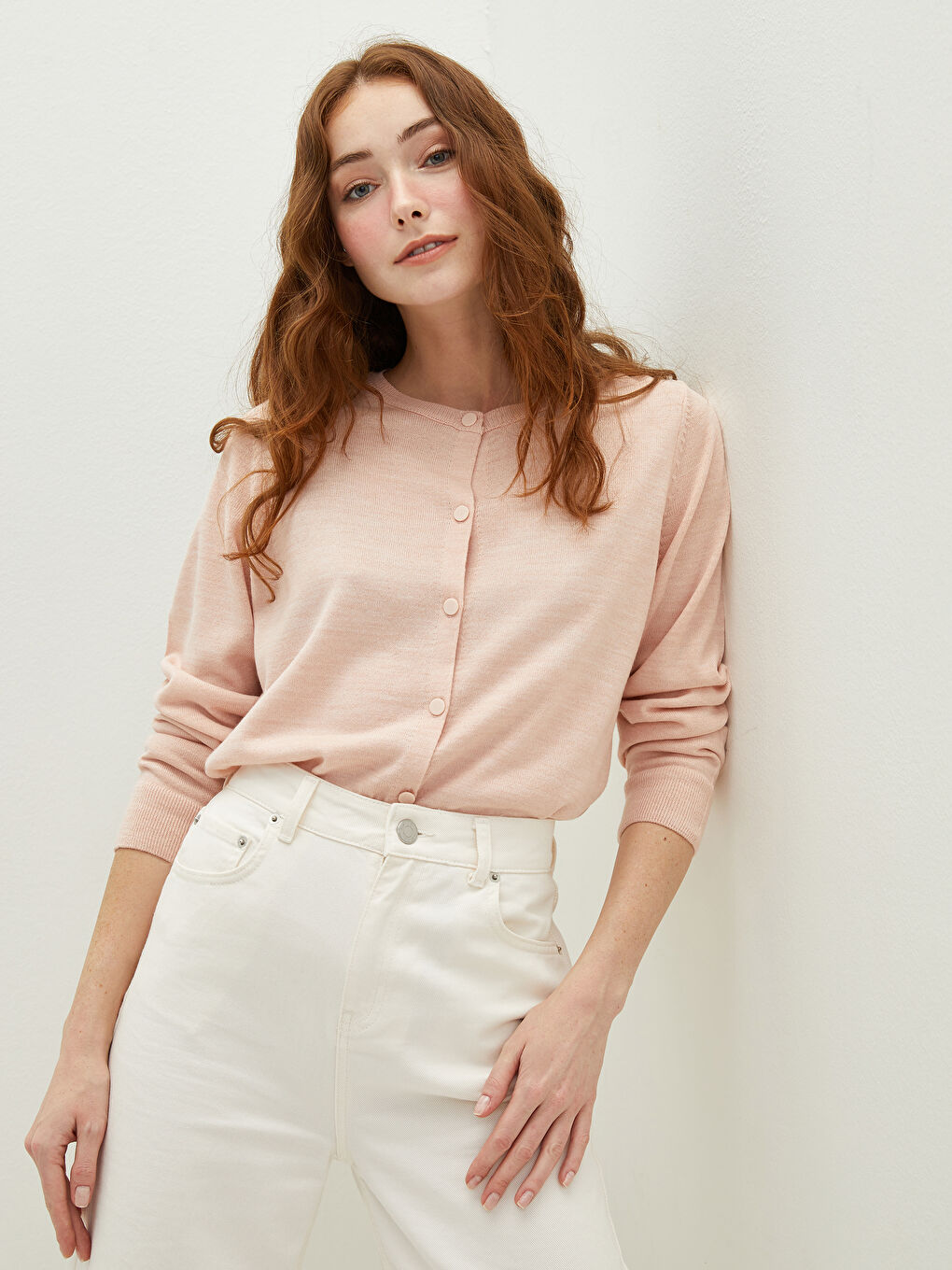 Pembe Bisiklet Yaka Düz Uzun Kollu Kadın Triko Hırka-1