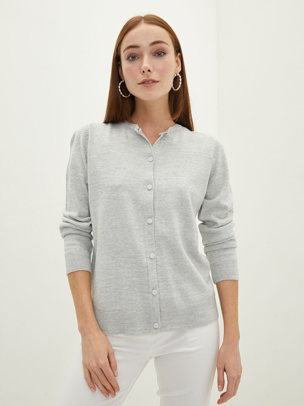 Crew Neck Plain Long Sleeve Women's Knitwear Cardigan