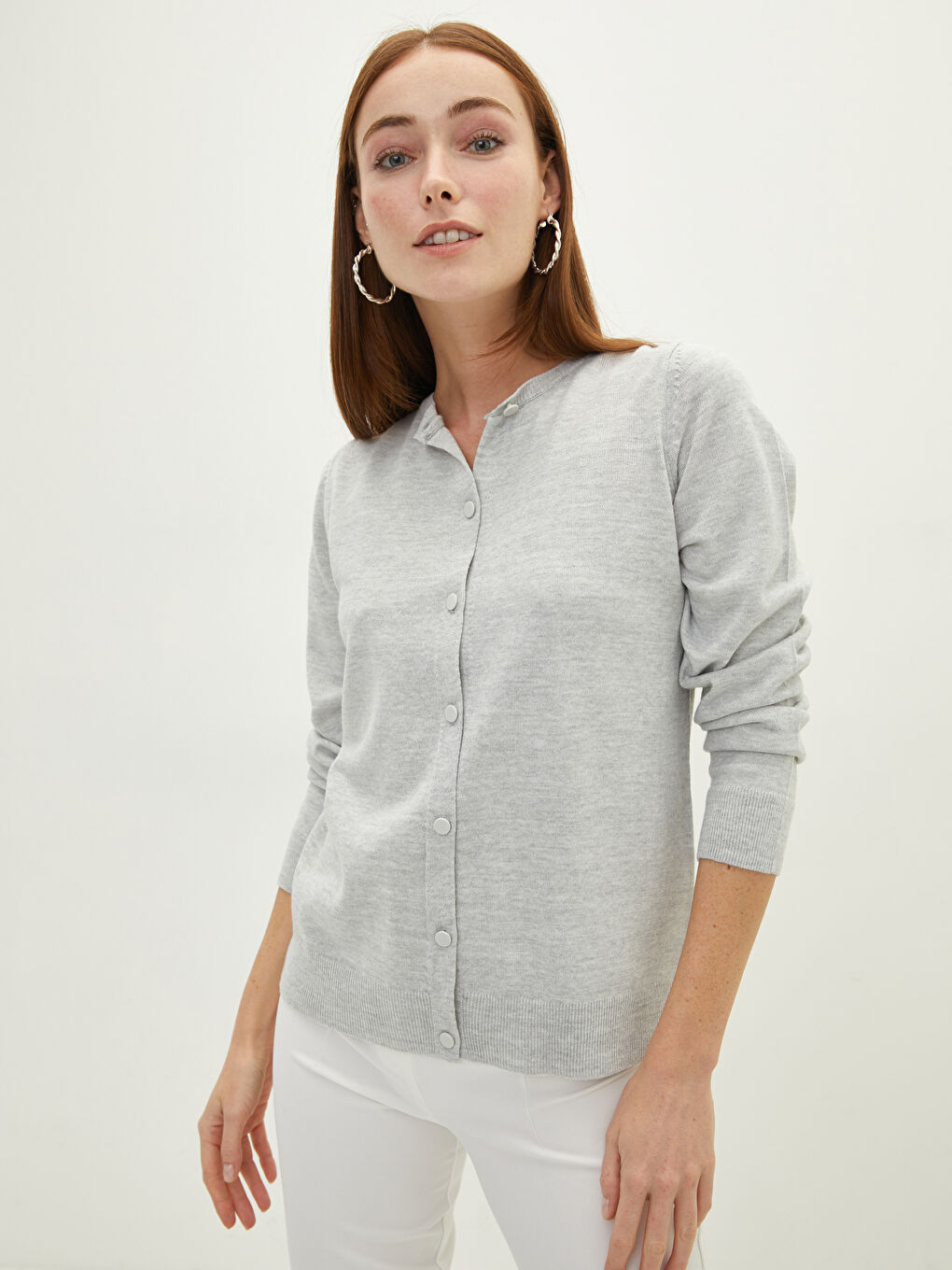 Crew Neck Plain Long Sleeve Women's Knitwear Cardigan-1