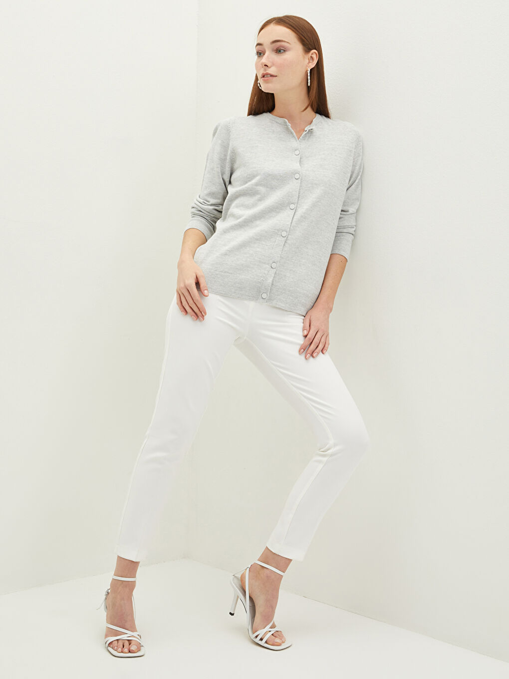 Crew Neck Plain Long Sleeve Women's Knitwear Cardigan-2