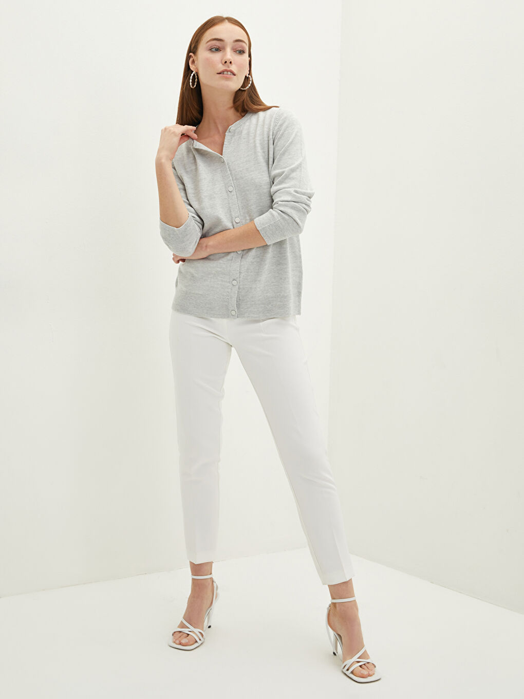 Crew Neck Plain Long Sleeve Women's Knitwear Cardigan-3