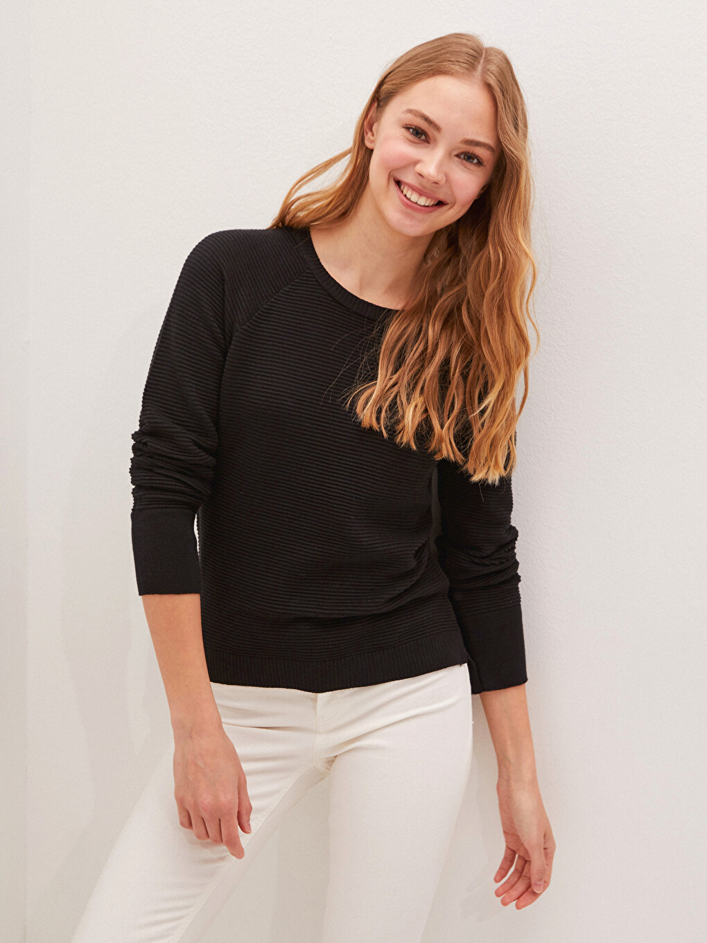 Crew Neck Striped Long Sleeve Cotton Women's Sweater
