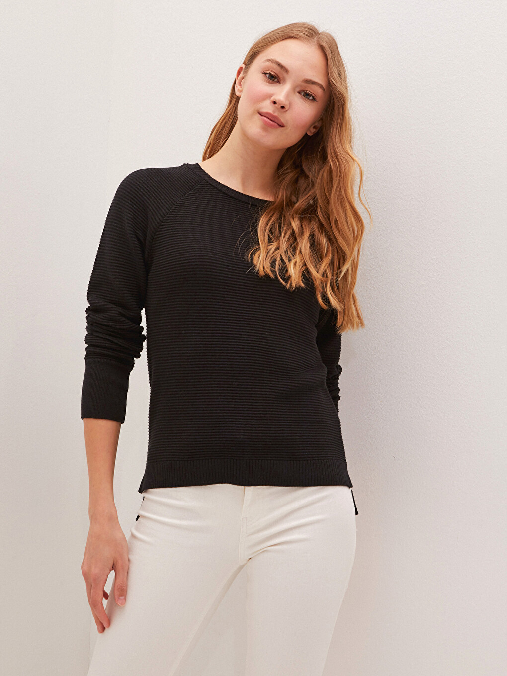 Crew Neck Striped Long Sleeve Cotton Women's Sweater-1