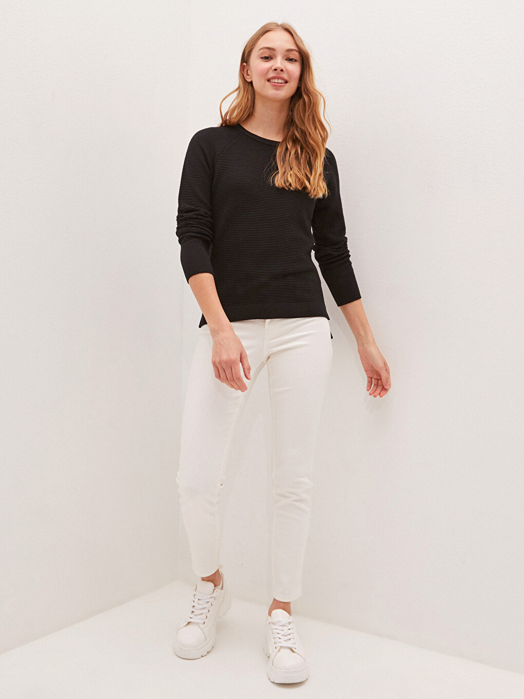 Crew Neck Striped Long Sleeve Cotton Women's Sweater-3