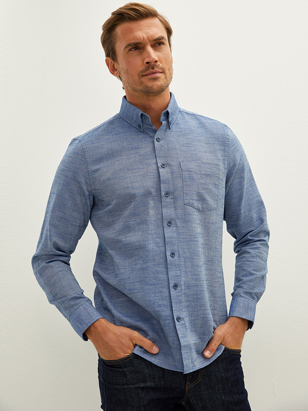 Regular Fit Long Sleeve Dobby Fabric Men's Shirt-1