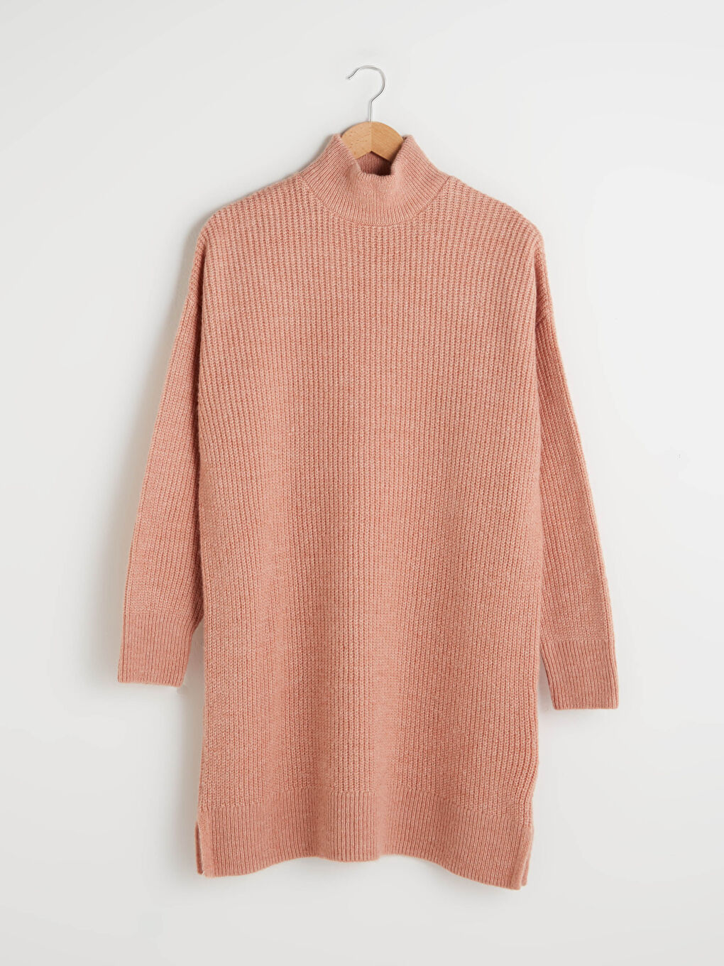 Pembe Yarım Balıkçı Yaka Düz Uzun Kollu Triko Kadın Tunik-5