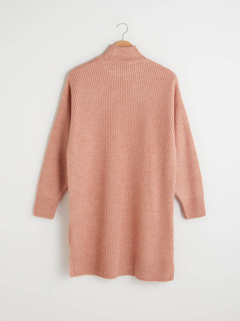 Pembe Yarım Balıkçı Yaka Düz Uzun Kollu Triko Kadın Tunik-6