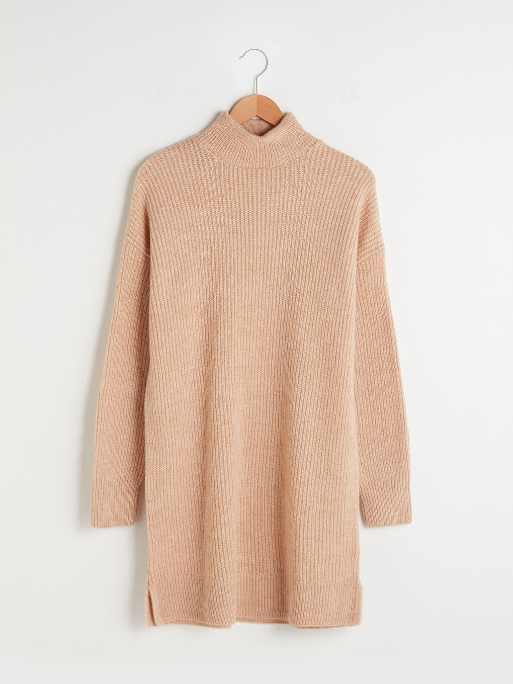 Bej Yarım Balıkçı Yaka Düz Uzun Kollu Triko Kadın Tunik-5