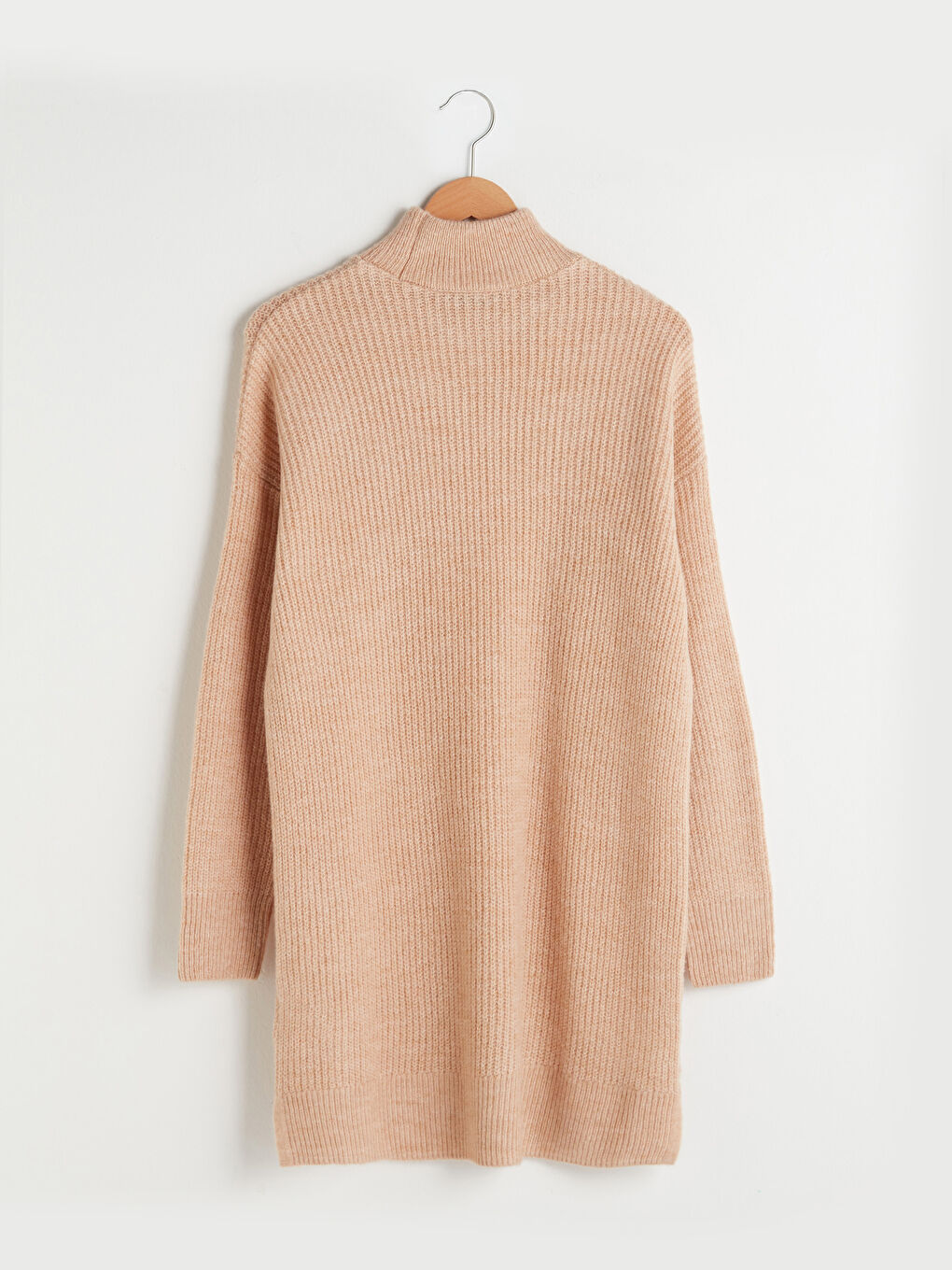 Bej Yarım Balıkçı Yaka Düz Uzun Kollu Triko Kadın Tunik-6