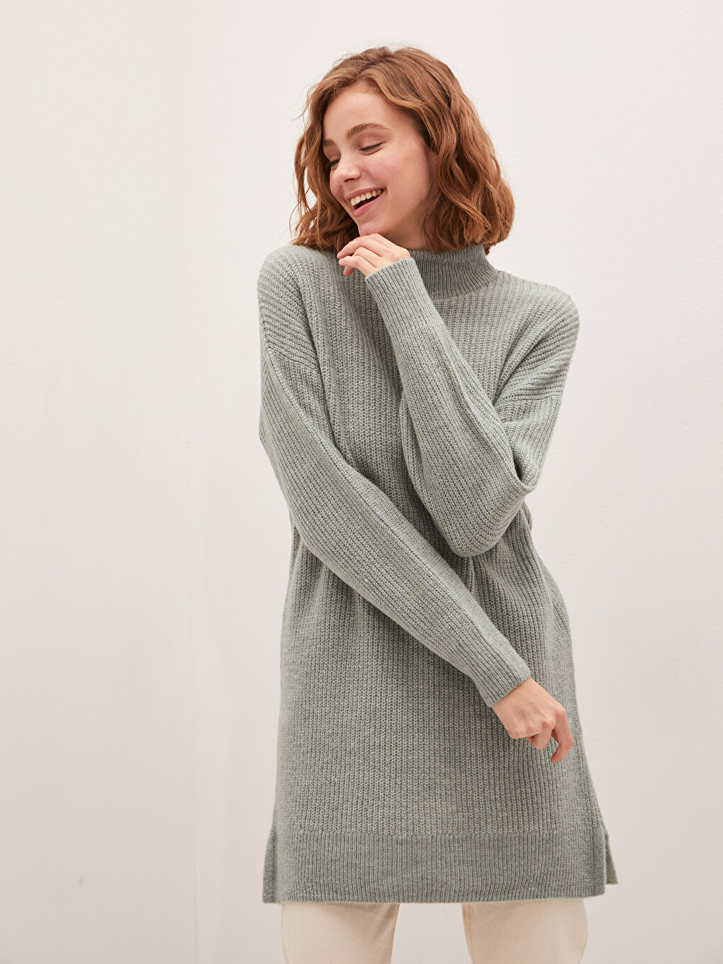 Туника Женская с Полуводолазкой, Стандартная, с Длинным Рукавом, Трикотажная