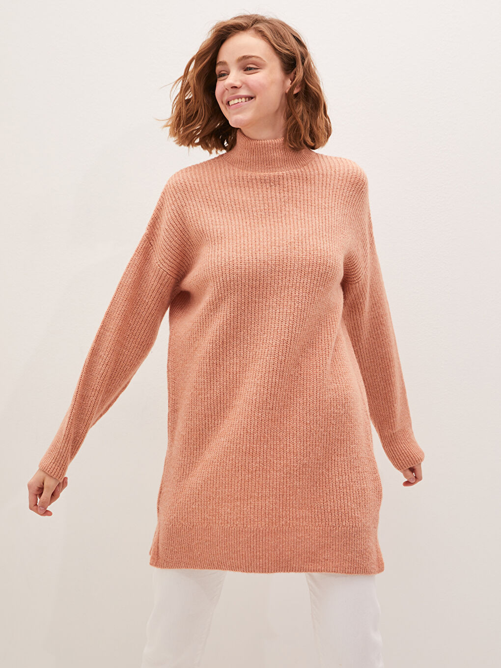 Pembe Yarım Balıkçı Yaka Düz Uzun Kollu Triko Kadın Tunik-4