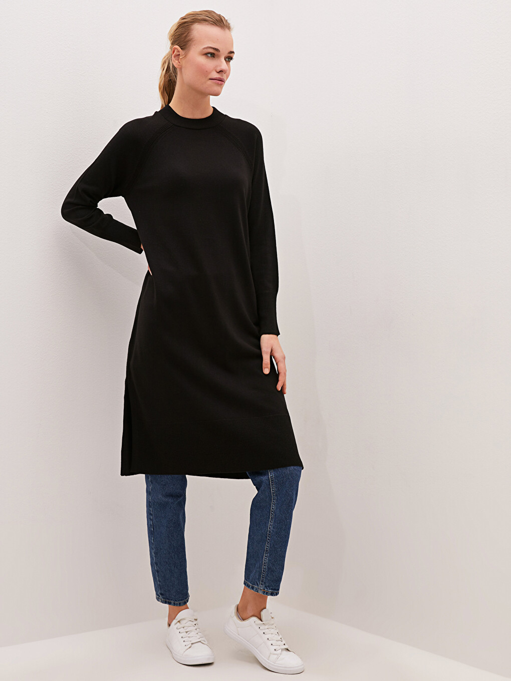 Crew Neck Plain Long Sleeve Women's Knitwear Tunic