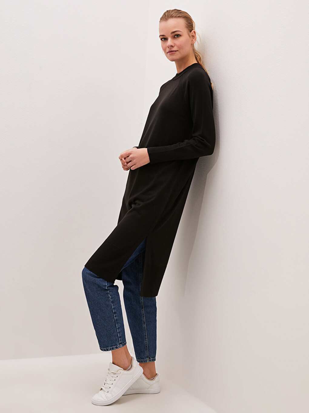 Crew Neck Plain Long Sleeve Women's Knitwear Tunic-1