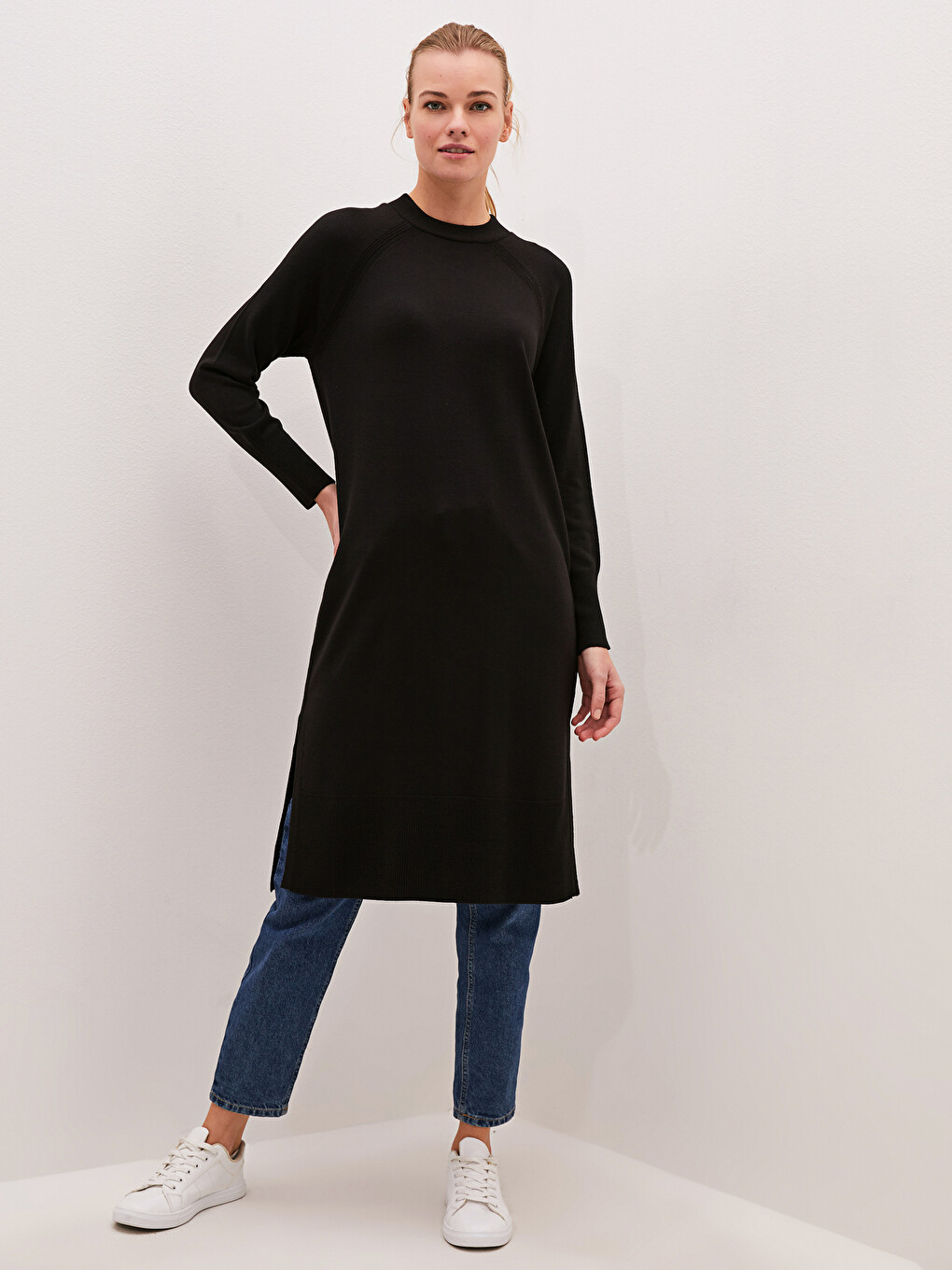 Crew Neck Plain Long Sleeve Women's Knitwear Tunic-2