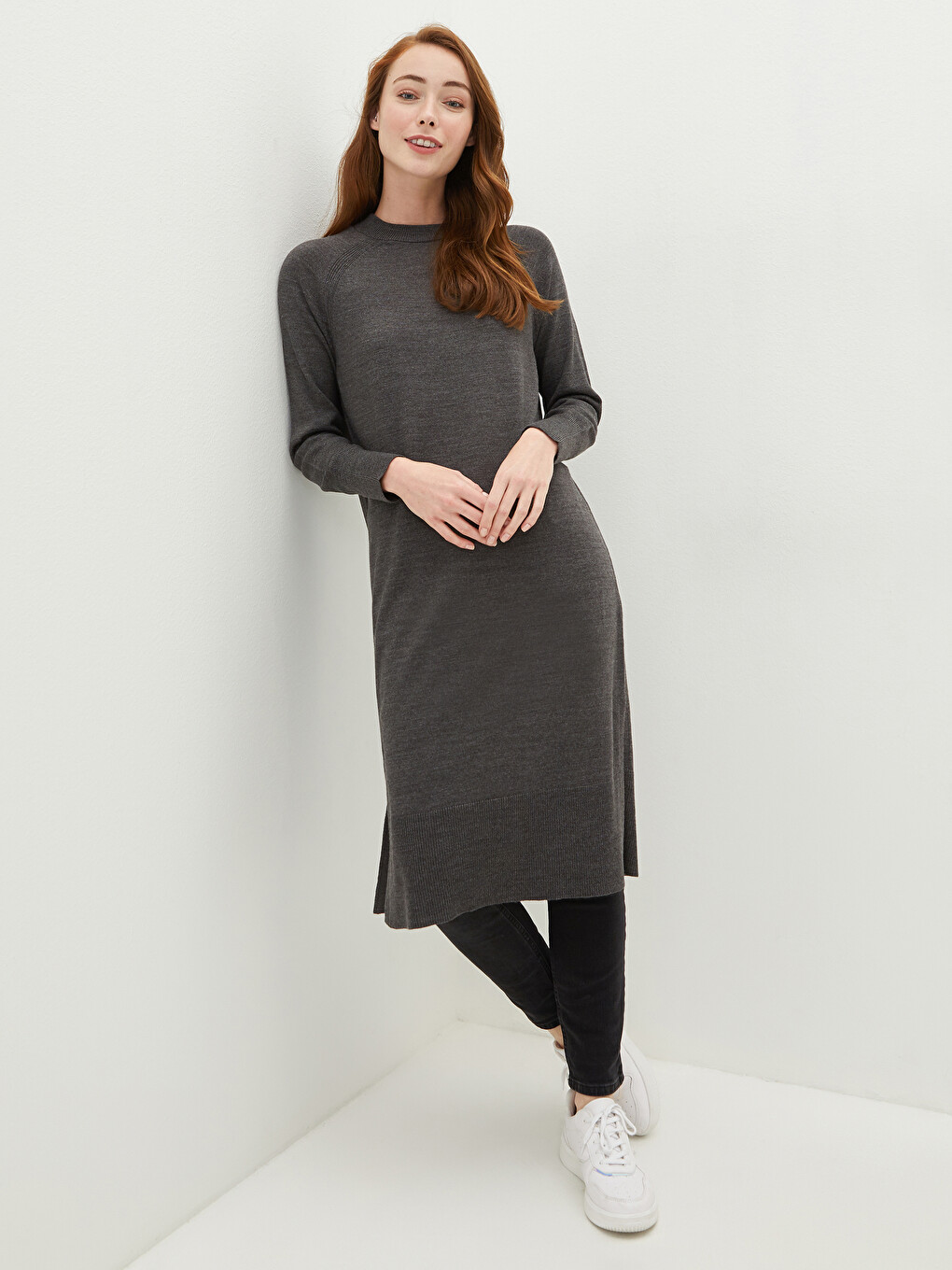 Crew Neck Plain Long Sleeve Women's Knitwear Tunic-2