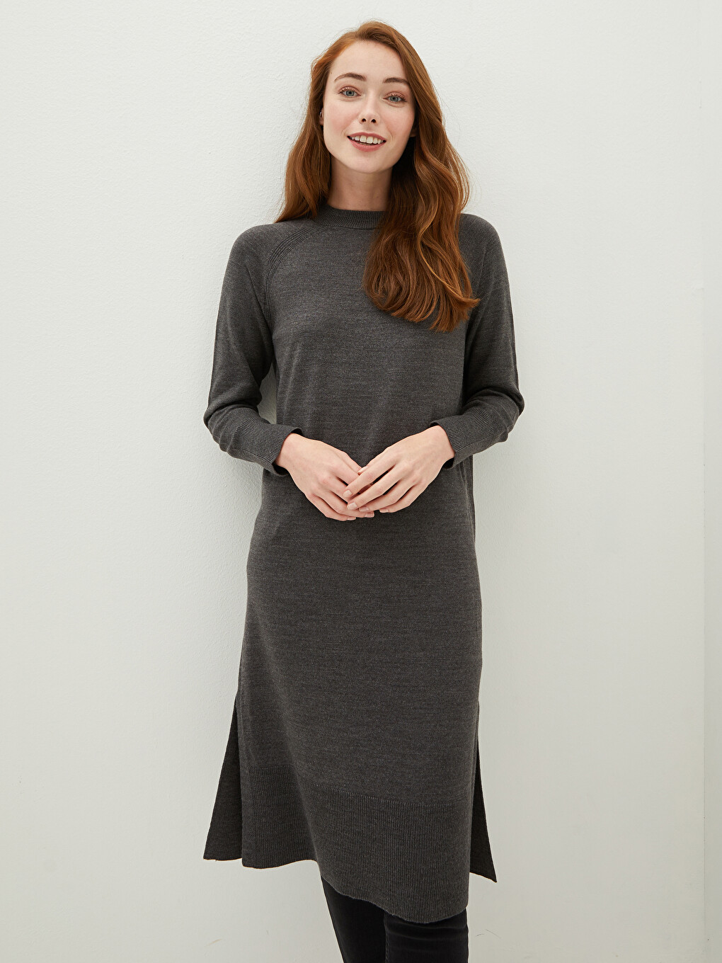 Crew Neck Plain Long Sleeve Women's Knitwear Tunic