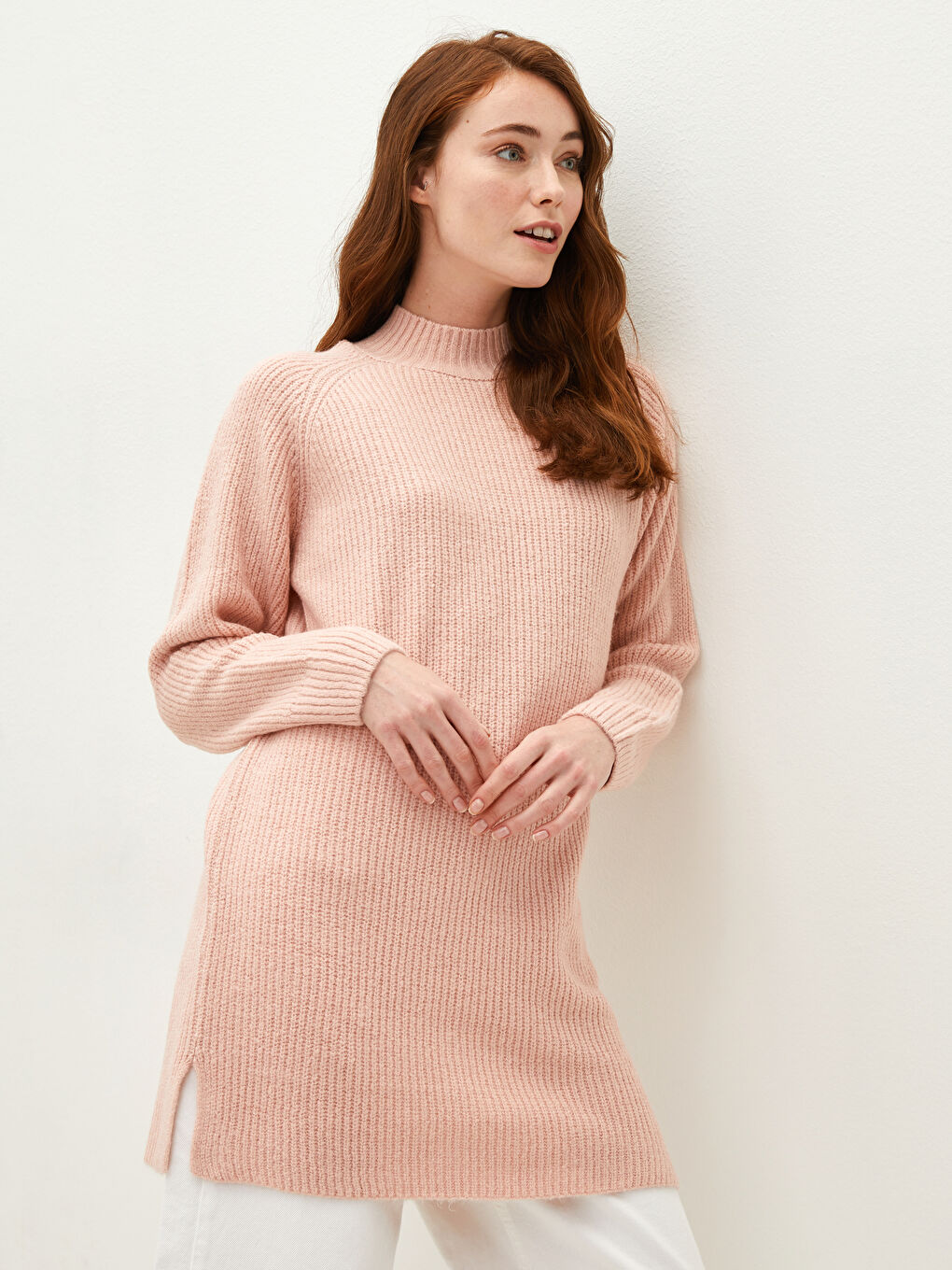 Half Turtleneck Plain Long Sleeve Women's Knitwear Tunic-1