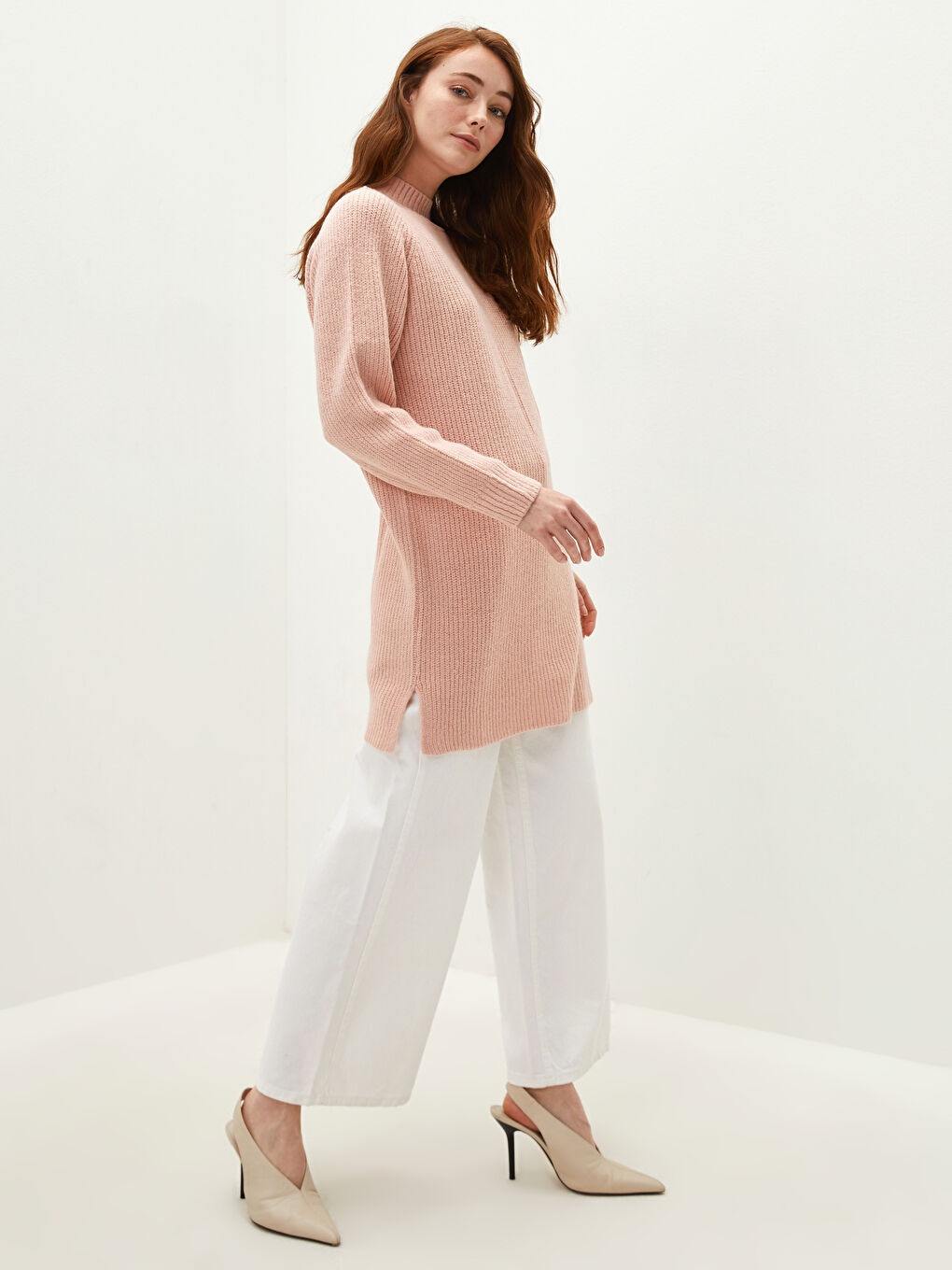 Half Turtleneck Plain Long Sleeve Women's Knitwear Tunic-2