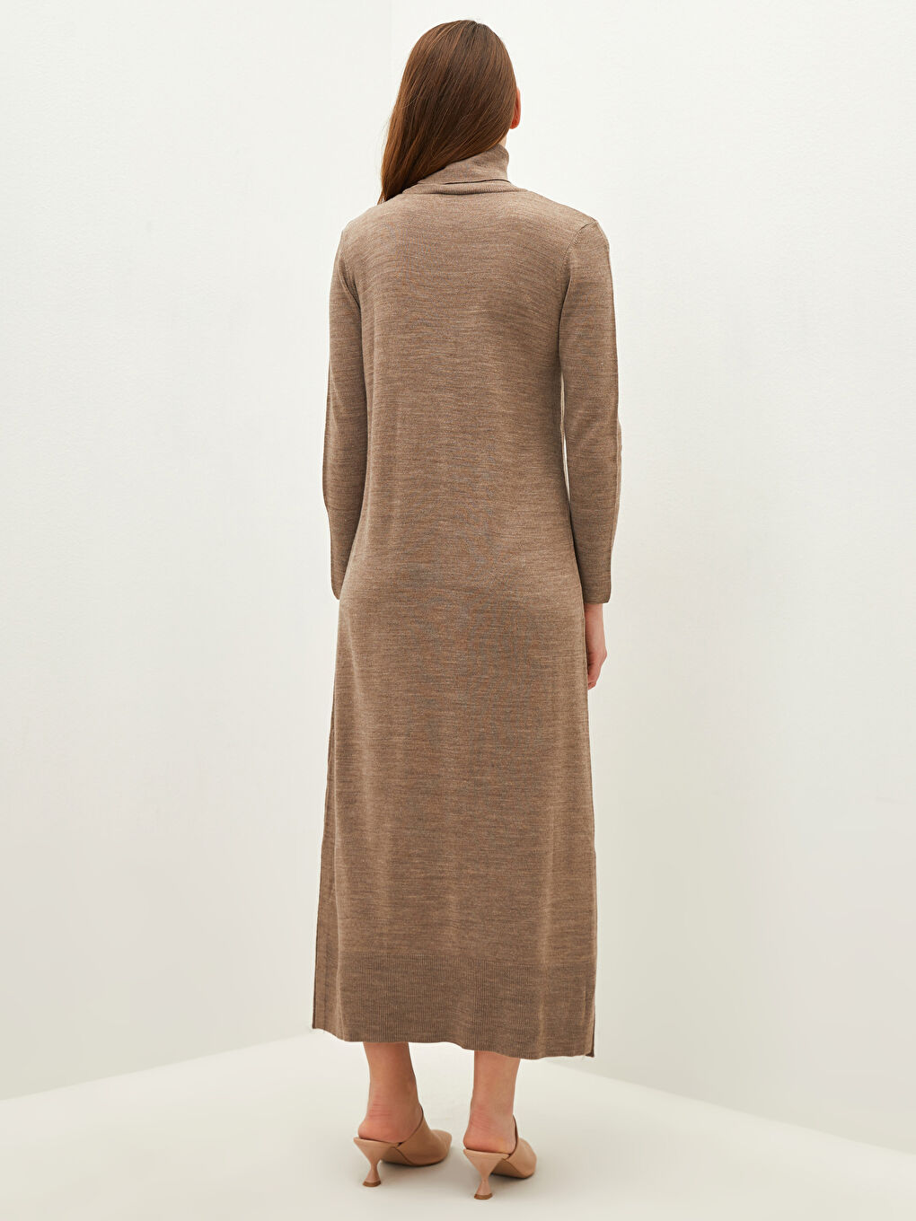 Kahverengi Balıkçı Yaka Düz Uzun Kollu Kadın Triko Elbise-4