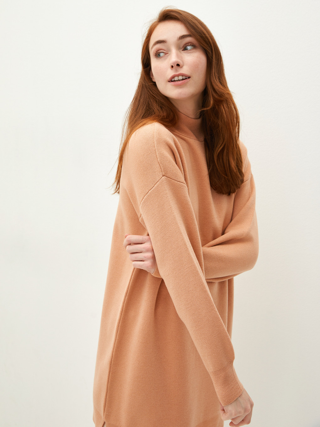 Mock Turtleneck Plain Long Sleeved Oversize Knitwear Women's Tunic-1