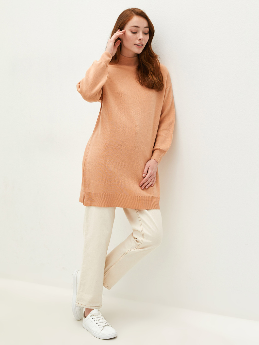 Mock Turtleneck Plain Long Sleeved Oversize Knitwear Women's Tunic-2