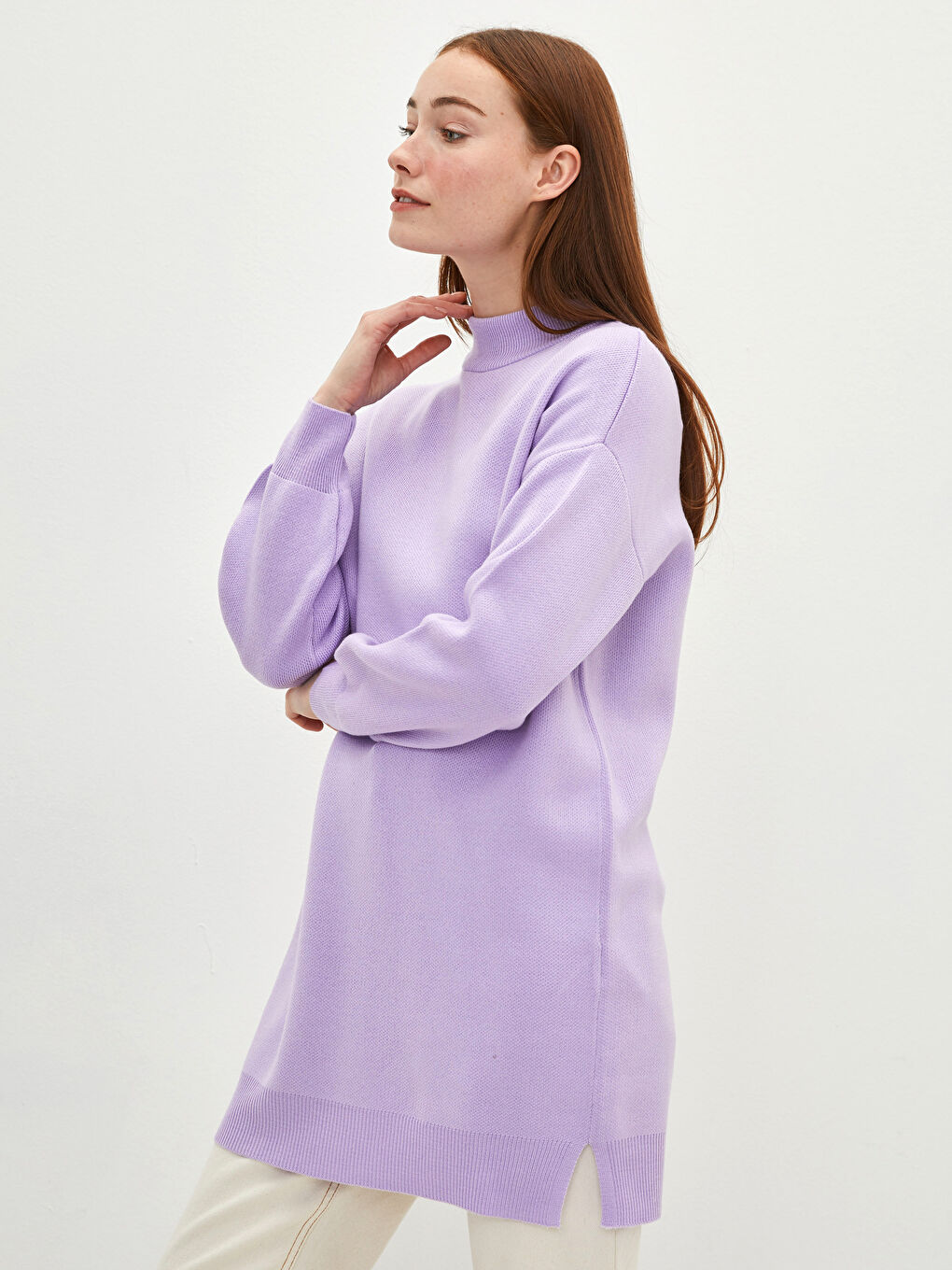 Lila Yarım Balıkçı Yaka Düz Uzun Kollu Oversize Triko Kadın Tunik