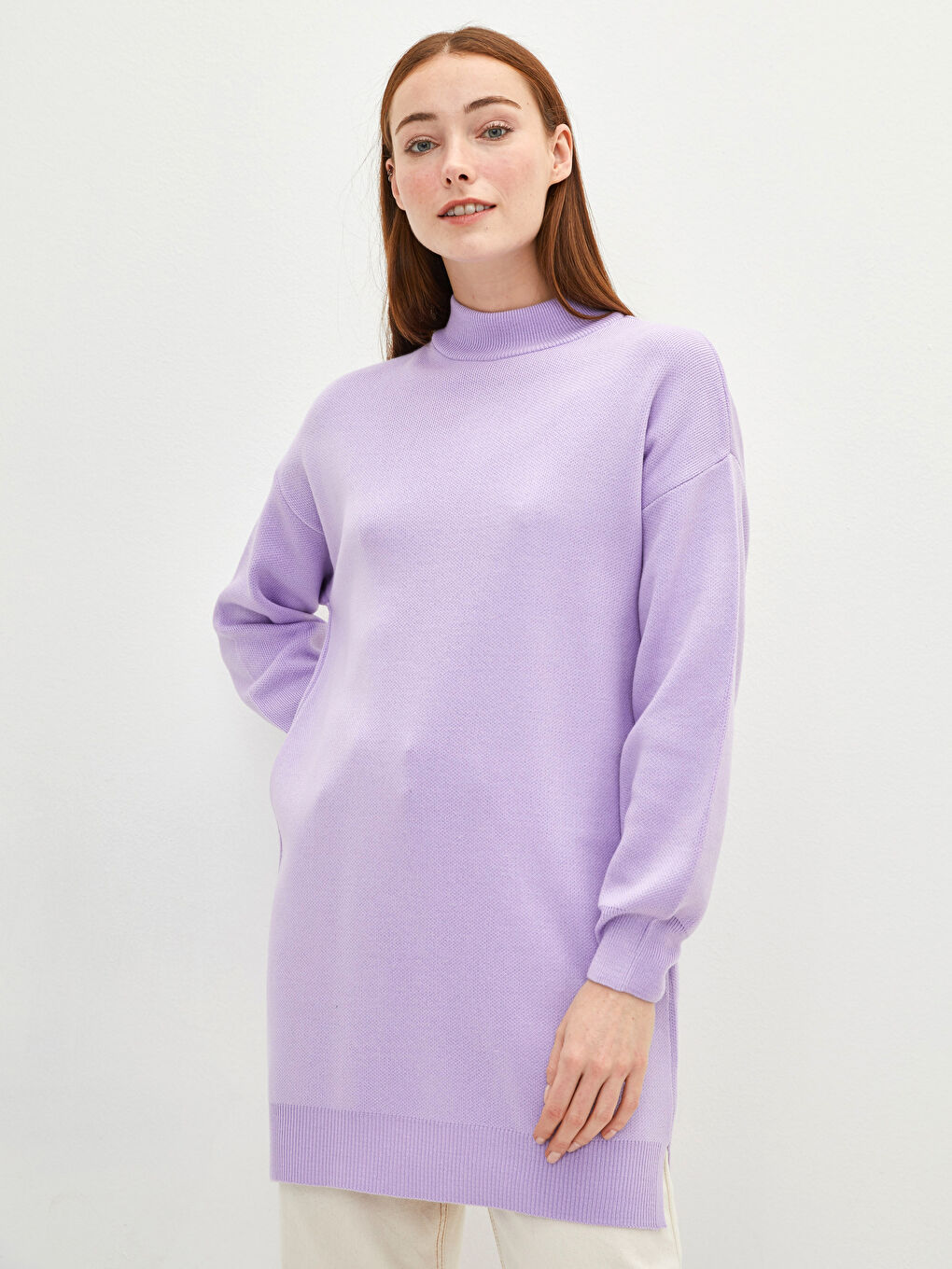 Lila Yarım Balıkçı Yaka Düz Uzun Kollu Oversize Triko Kadın Tunik-1