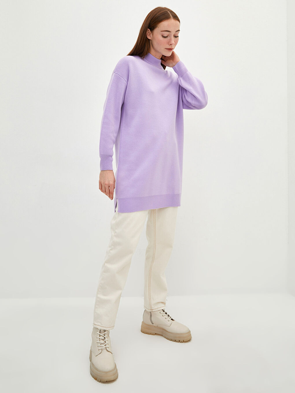 Lila Yarım Balıkçı Yaka Düz Uzun Kollu Oversize Triko Kadın Tunik-2