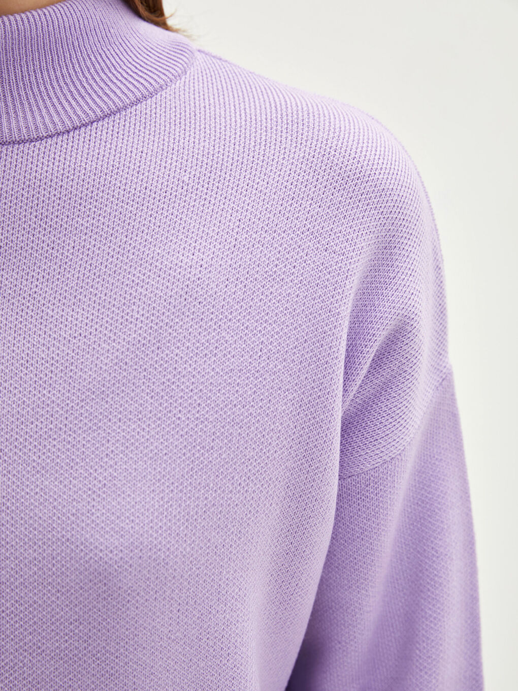 Lila Yarım Balıkçı Yaka Düz Uzun Kollu Oversize Triko Kadın Tunik-3