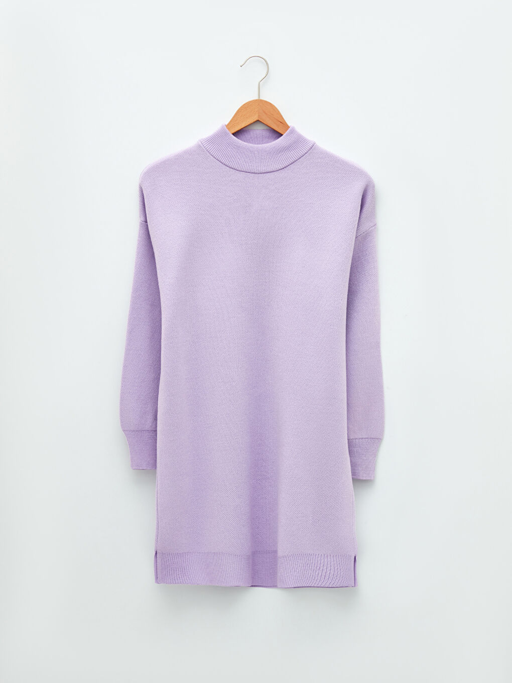 Lila Yarım Balıkçı Yaka Düz Uzun Kollu Oversize Triko Kadın Tunik-5