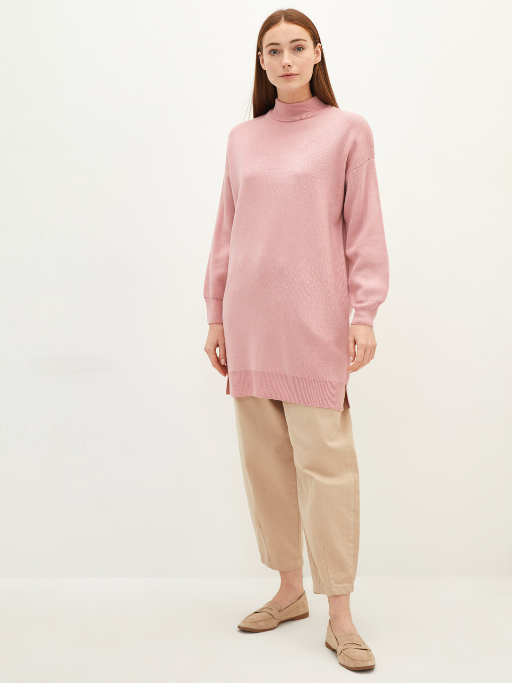 Pembe Yarım Balıkçı Yaka Düz Uzun Kollu Oversize Triko Kadın Tunik-2