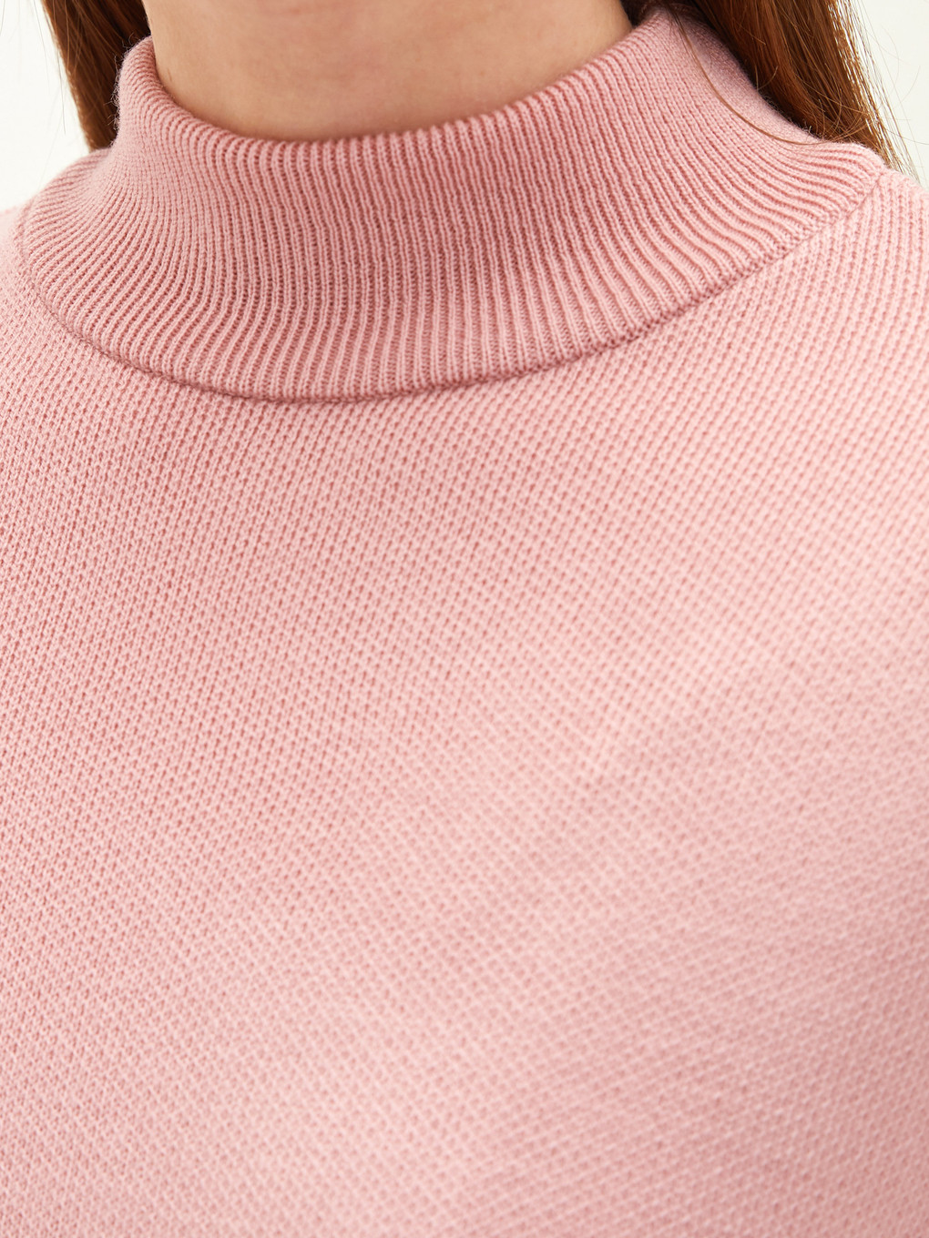 Pembe Yarım Balıkçı Yaka Düz Uzun Kollu Oversize Triko Kadın Tunik-3